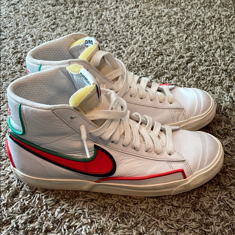 Nike White and Red High-Top Sneakers with Green Accents
